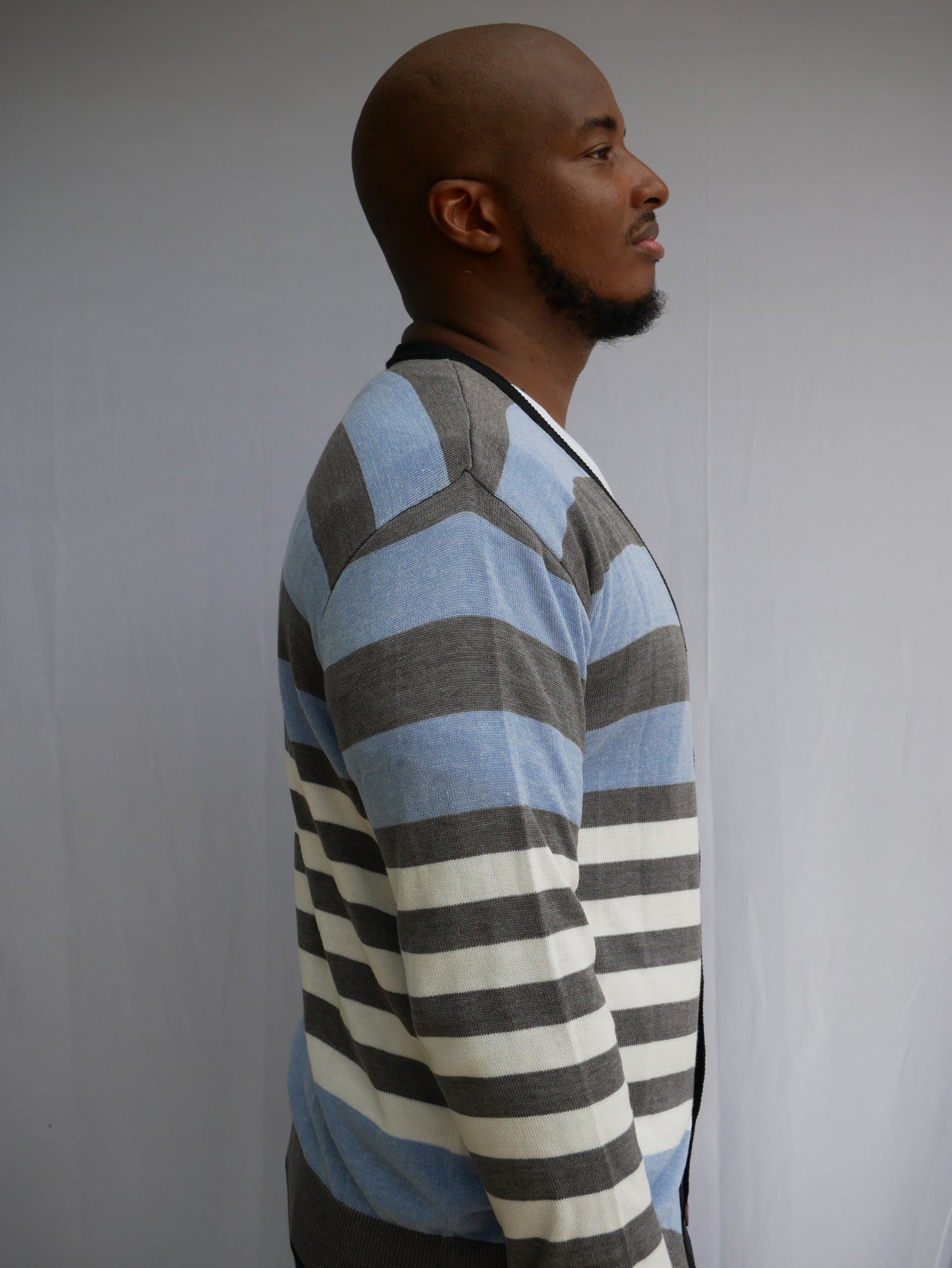 ARCADIA STRIPED BUTTON-DOWN SWEATER (BLUE,WHITE & GRAY)/ NEW